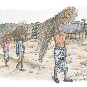 Sketch of Zambian people carrying bales of sticks