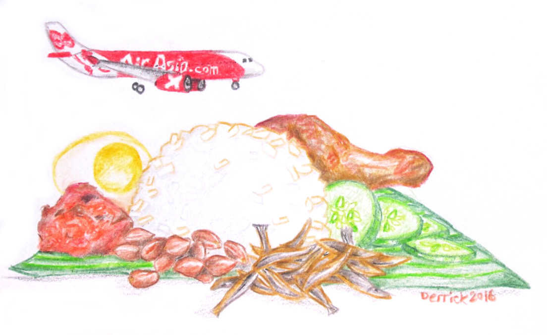 Sketch of a plate of Nasi Lemak with a small Air asia jet landing on it