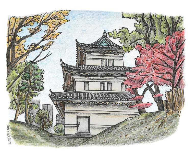 Urban sketch of Tokyo's imperial palace gardens