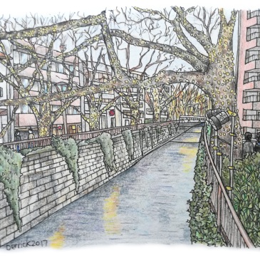 Urban sketch of light displays in the trees above Nakameguro canal