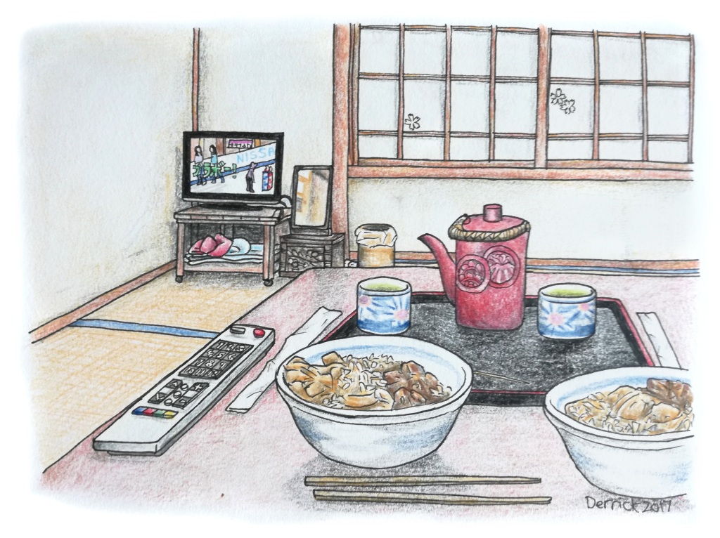 Sketch of two bowls of rice and television in a ryokan with tatami mats