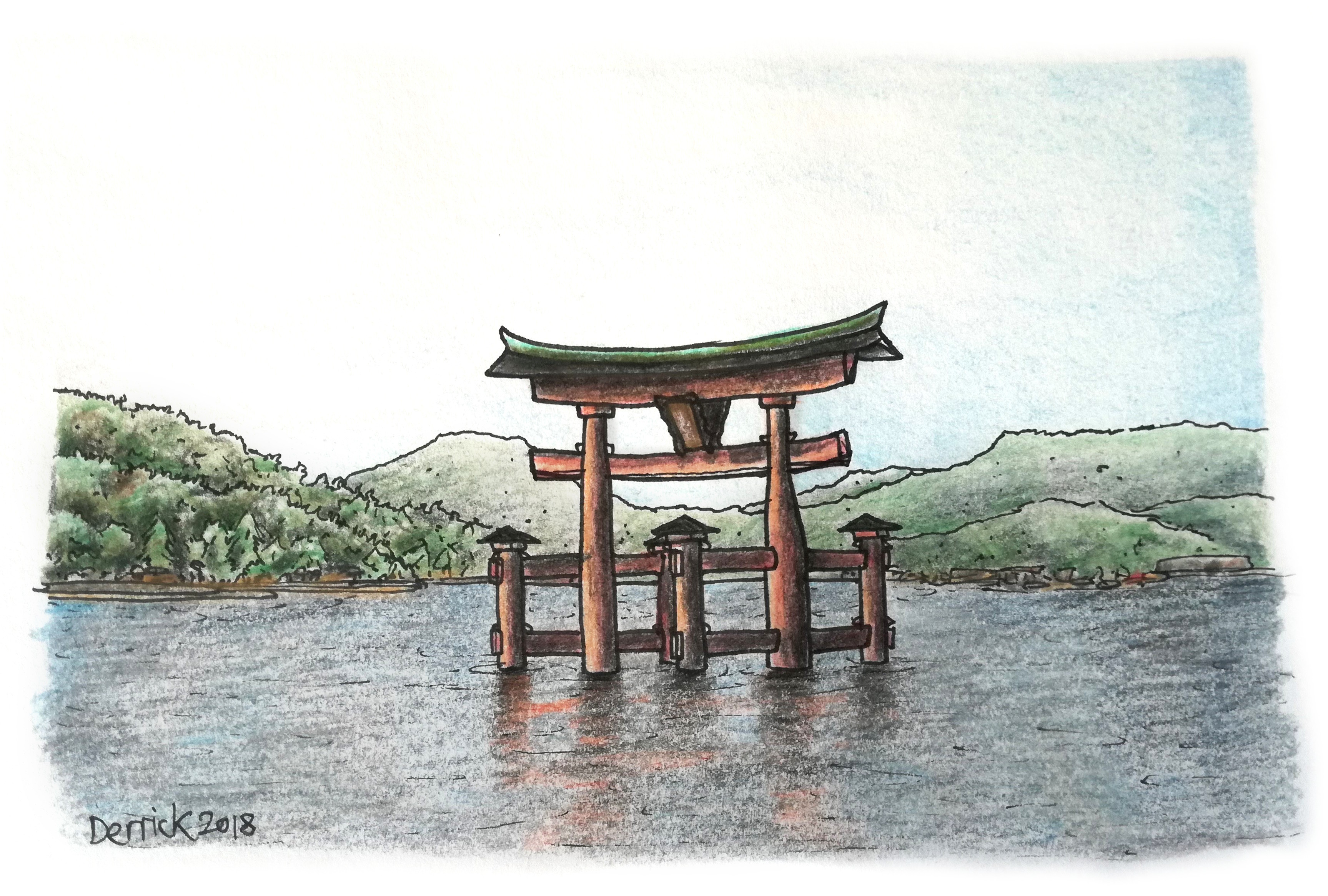 Sketch of an ancient Japanese torii gate standing in the bay