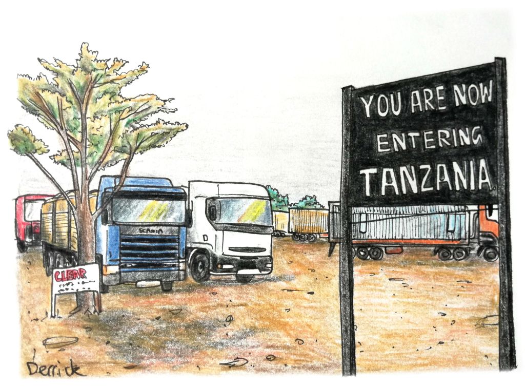 sketch of trucks parked at the zambia tanzania border crossing