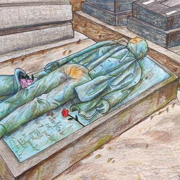 Drawing of Victor Noir grave in Pere Lachaise cemetery rub crotch