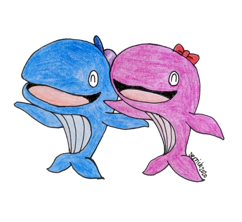 Cute whale cartoons Japanese mascots for Akishima named Akky and Shima