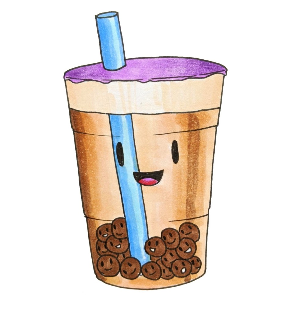 Adorable drawing of bubble tea with cheese foam and tapioca pearls kawaii