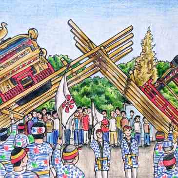 Drawing of two shrines fighting at the Imari ton ten ton matsuri festival