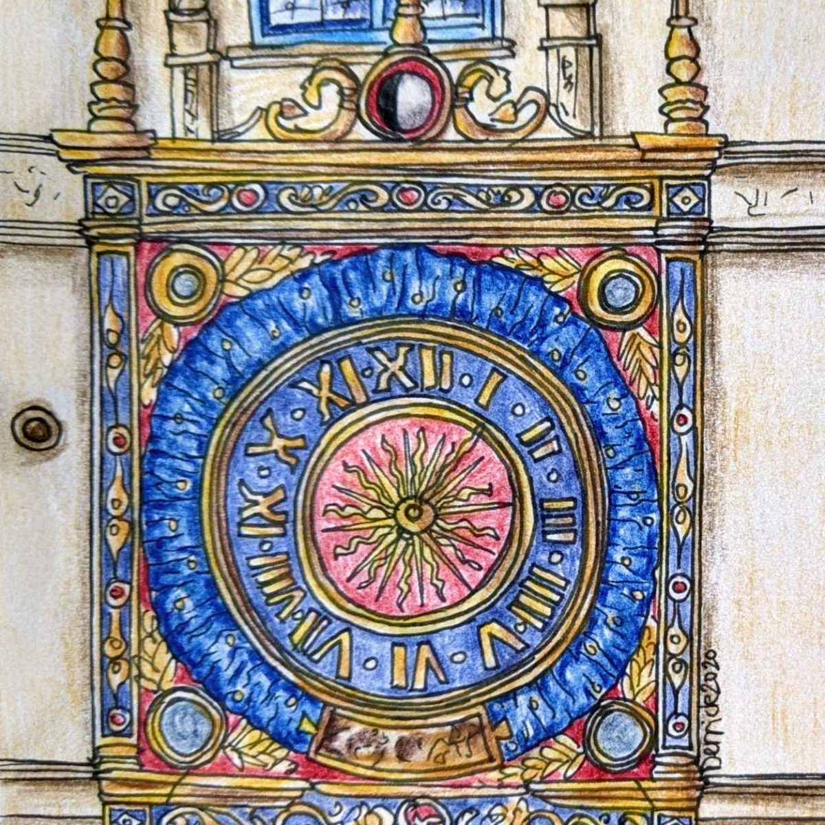 Urban sketch of Rouen astronomical clock Le Gros Horloge Clock Face