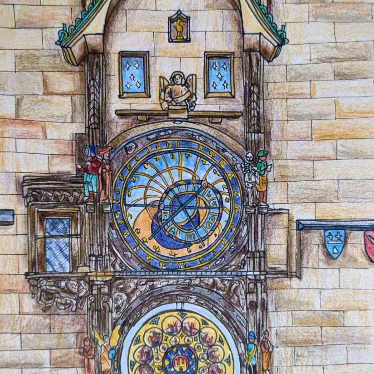 Drawing of Prague Orloj astronomical clock On the wall of Town Hall Prague
