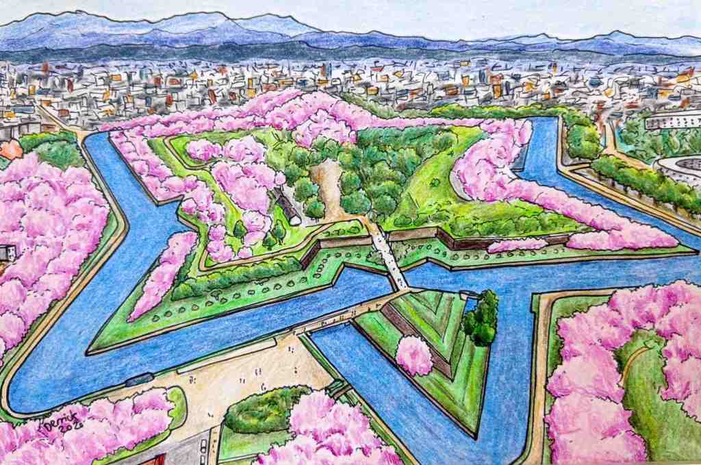 Drawing of fort Goryokaku in Hakodate aerial view in cherry blossom season