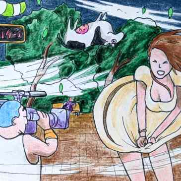 Drawing of Sega Toylet video game urinal skirt blowing game