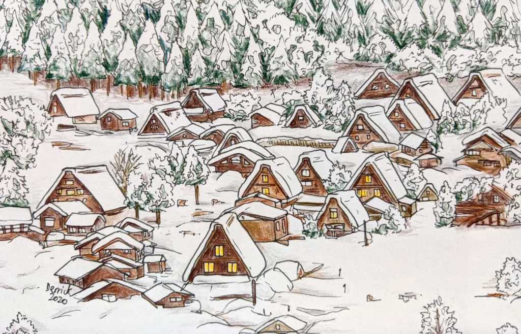 Drawing of the pointed roofs of traditional Japanese Shirakawa-Go village in the winter snow