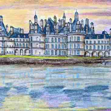 Illustration of Chambord castle at sunset Loire valley france