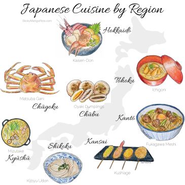 A map of Japan showing different food by Japanese regional Cuisine