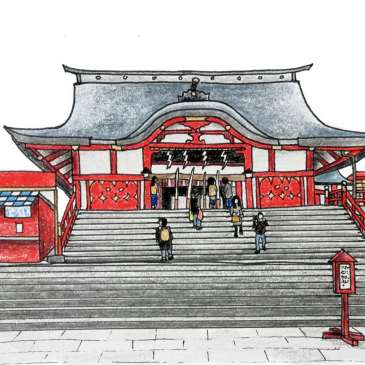 Drawing of hanazono Jinja a Shinto shrine in Shinjuku tokyo
