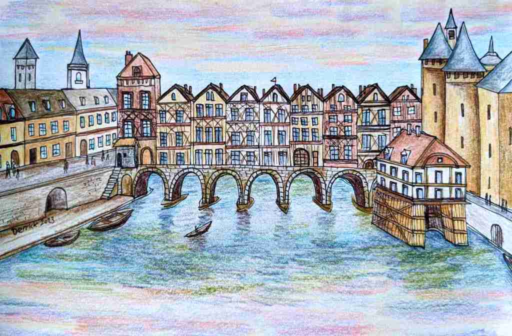 Drawing of houses on historical bridge Pont au change Medieval Paris